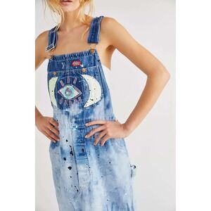 Free People x Tricia Fix Funky Long Skirtall Denim Dress Evil Eye Medium Large